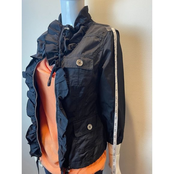 White House Black Market Womens Windbreaker Jacket Full Zip Up Ruffle Black SZ 2 - Picture 3 of 4